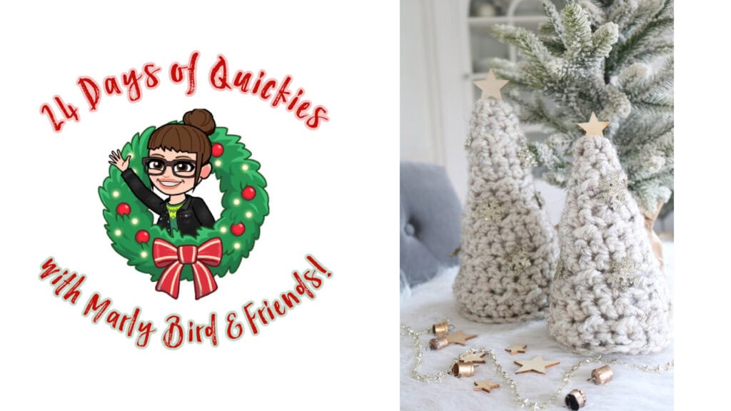 Two-part image: On the left, a cartoon woman with glasses inside a holiday wreath, text reads "24 Days of Quickies with Marly Bird & Friends!" On the right, two chunky knit Christmas trees with star toppers on a festive white background. -Marly Bird