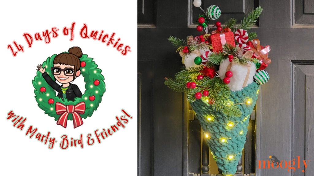 A festive holiday graphic reads "24 Days of Quickies with Marly Bird & Friends!" beside a basket door decoration brimming with gifts, ornaments, greenery, and glowing lights. Celebrate the 24 days of quickies with Moogly in the lower right corner. -Marly Bird