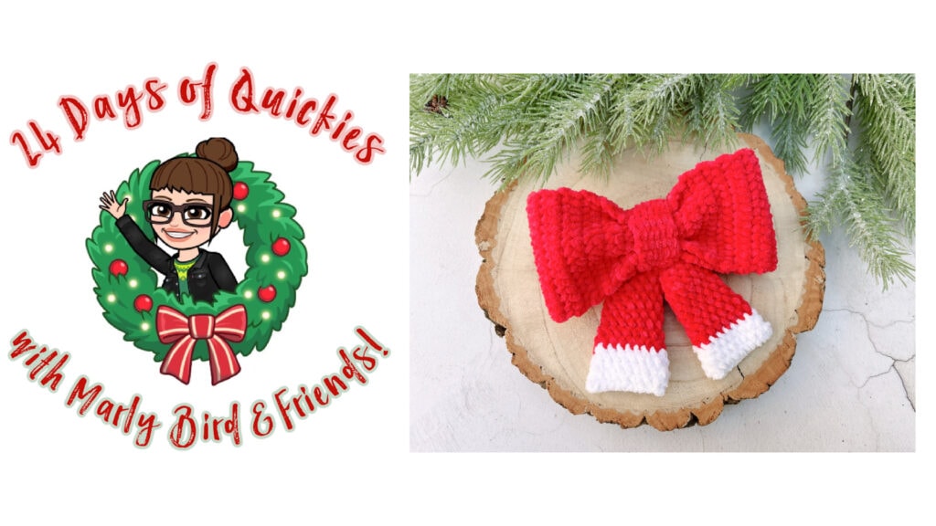 Cartoon logo of a woman in a holiday wreath, celebrating 24 Days of Quickies with Marly Bird & Friends! Features a large red and white crochet bow on a wood slice under festive pine branches. -Marly Bird