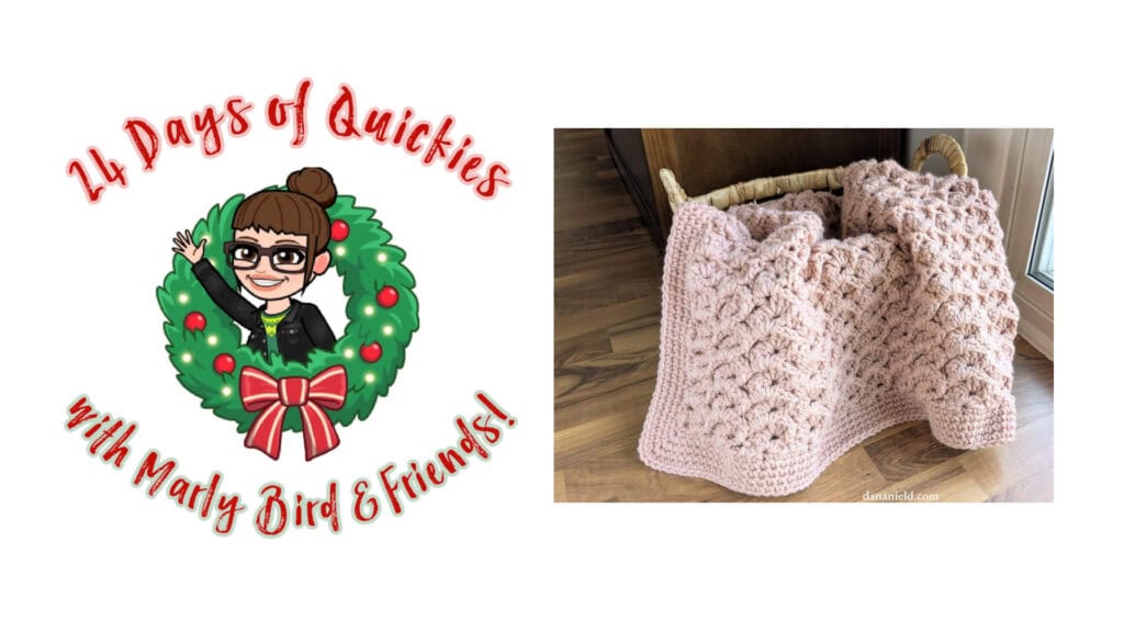A festive "24 Days of Quickies with Marly Bird & Friends!" logo features a cartoon woman in a holiday wreath beside a basket holding a pink, textured knit blanket—perfect for celebrating the spirit of the 24 days of quickies!. -Marly Bird