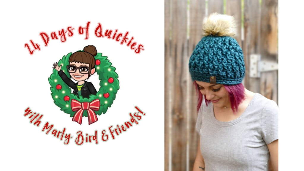 Illustration of a woman waving from a holiday wreath, with "24 Days of Quickies with Marly Bird & Friends!" beside a woman in a teal knit hat, celebrating the 24 days of quickies and spreading festive cheer. -Marly Bird