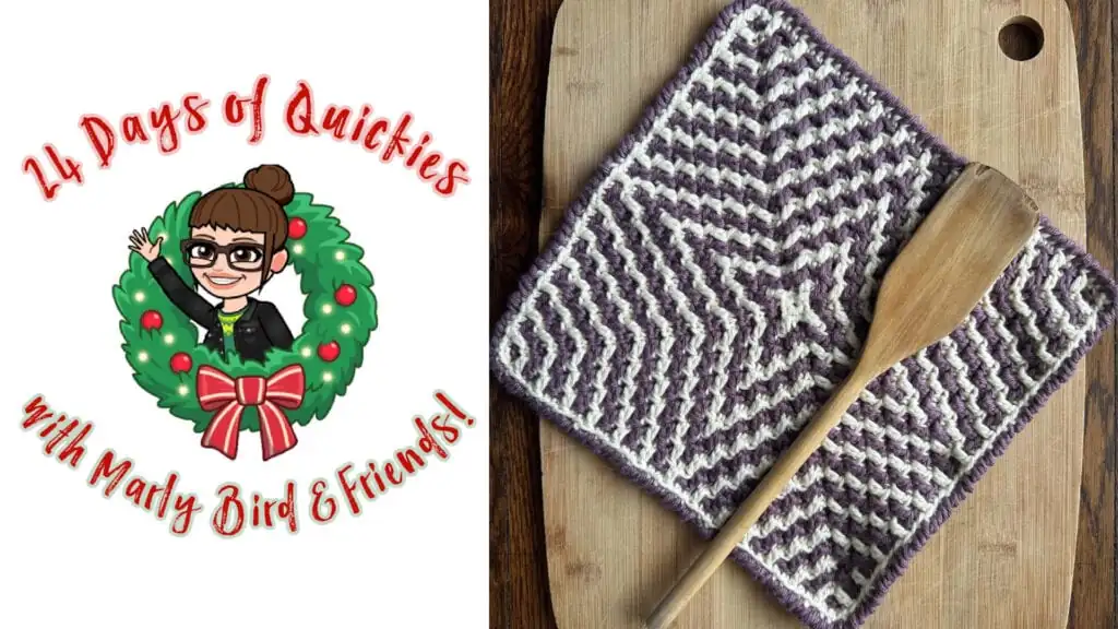 A wooden spoon rests on a purple and white crocheted square on a wooden board. Next to it is a festive logo reading “24 Days of Quickies with Marly Bird & Friends!” with a cartoon woman in a holiday wreath. -Marly Bird