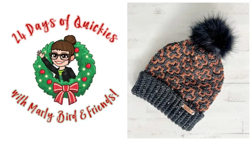 On the left, cartoon text reads “24 Days of Quickies with Marly Bird & Friends!” around a cartoon woman in glasses inside a holiday wreath. On the right, a knit hat with a black pom-pom rests on a white surface. -Marly Bird
