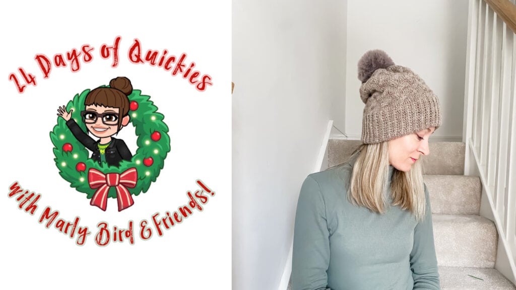 A logo with “24 Days of Quickies with Marly Bird & Friends!” around a cartoon of a woman in a holiday wreath appears beside a woman in a knit hat and green shirt, highlighting the 24 days of quickies fun on carpeted stairs. -Marly Bird