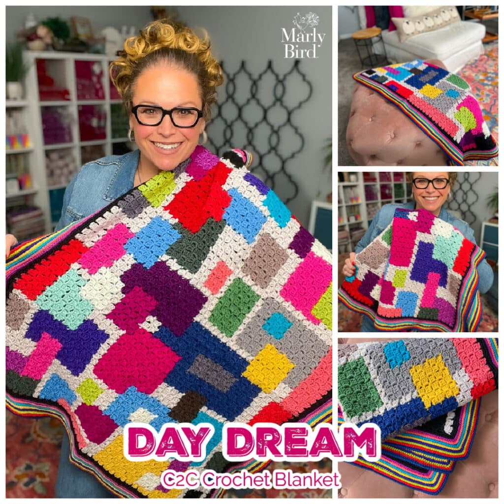 A smiling woman with glasses holds up a colorful, patchwork crochet blanket. Three close-up shots showcase the vibrant geometric design. Text reads: "DAY DREAM C2C Crochet Blanket." Find inspiration in our free knitting and crochet patterns. -Marly Bird