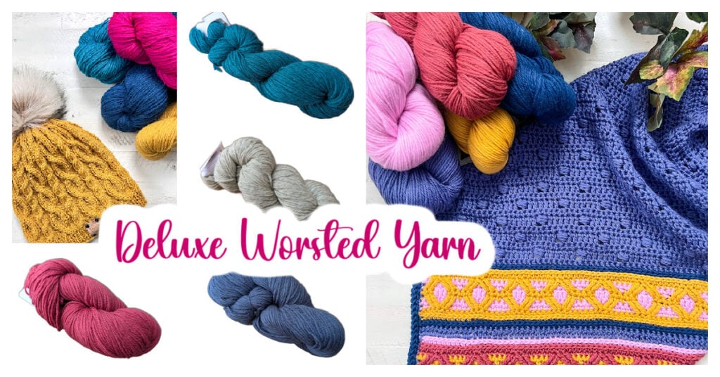 A collage shows colorful skeins of Deluxe Worsted Yarn, a mustard knitted hat with a pom-pom, a blue and pink crochet garment, and text "Deluxe Worsted Yarn" in pink script—perfect inspiration for the Marly Bird Turkey Trot Make-Along 2025. -Marly Bird