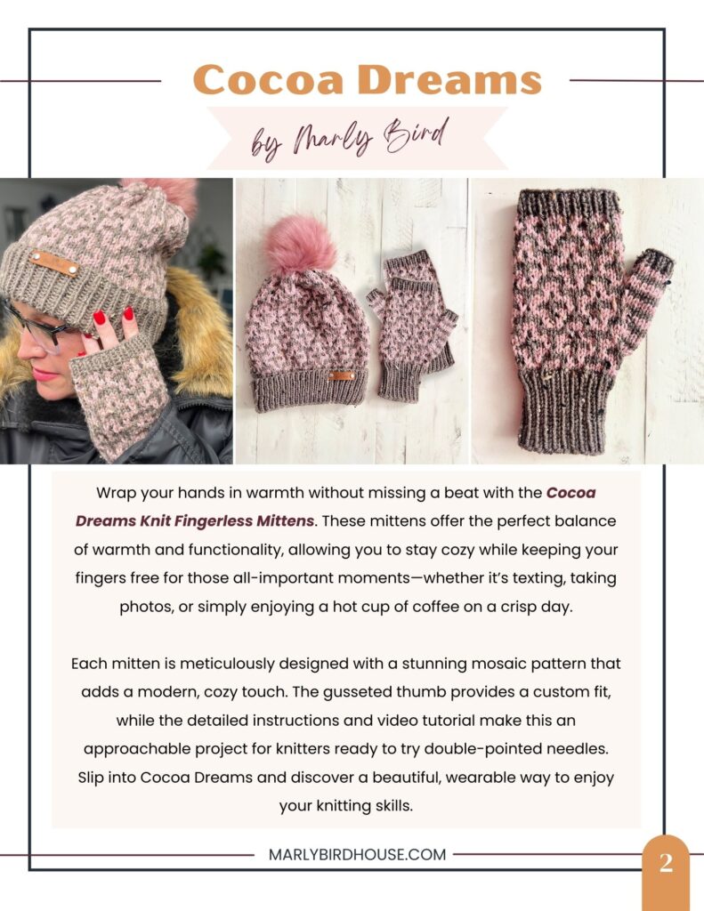 A person wearing a colorful knit hat and gray scarf holds a pink and gray striped fingerless mitten, aptly named Cocoa Dreams. Another matching mitten is shown on a white background. Text describes the mittens' features and benefits, with details on how to access the free pattern for these Mosaic Knit Fingerless Mittens. -Marly Bird