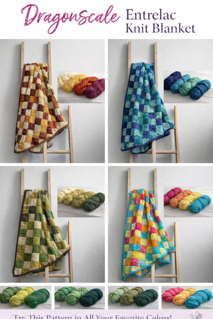 Four photos of the same entrelac knit blanket in different color schemes, each draped on a ladder or hung, with matching sets of yarn displayed beside them. The text reads "Dragonscale Entrelac Knit Blanket. -Marly Bird