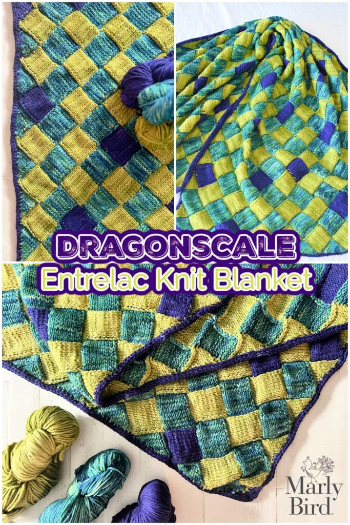A collage shows a green, blue, and yellow entrelac knit blanket with a dragon scale-like pattern. Yarn balls and knitting needles are displayed. Text reads: "DRAGONSCALE Entrelac Knit Blanket." Marly Bird logo is at the bottom. -Marly Bird