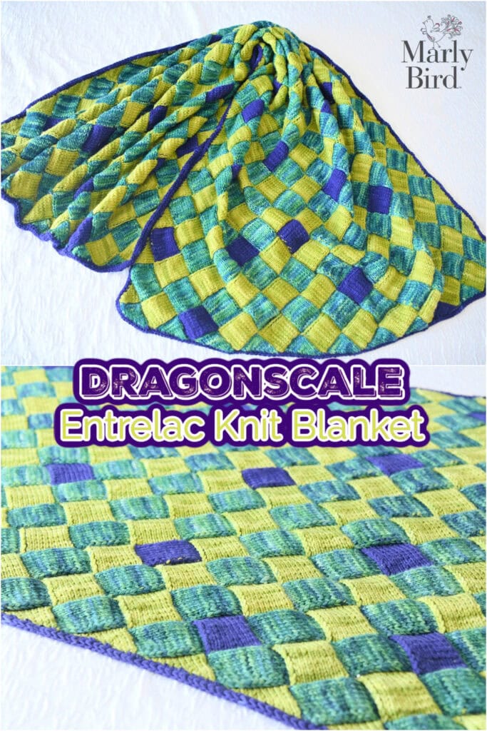A knit blanket with an entrelac pattern in yellow, green, turquoise, and purple squares is displayed. Text reads “DRAGONSCALE Entrelac Knit Blanket.” The Marly Bird logo appears in the top right corner. -Marly Bird