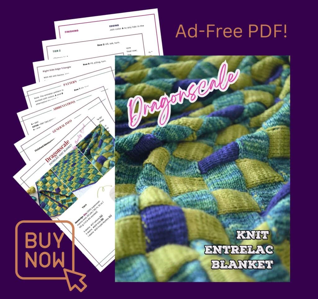 A promotional image for a “Dragonscale Knit Entrelac Blanket” ad-free PDF pattern, showing colorful sample pages, a close-up of the entrelac knit blanket pattern, and a “Buy Now” button on a purple background. -Marly Bird