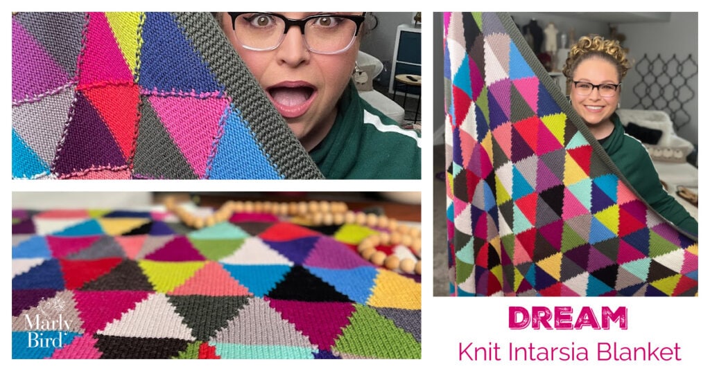 A woman holds up a colorful, geometric knit blanket featuring bright triangular patterns; she smiles in one photo and looks surprised in another. Text reads: "DREAM Knit Intarsia Blanket" and "FREE Crochet Chic Sheep Blanket. -Marly Bird