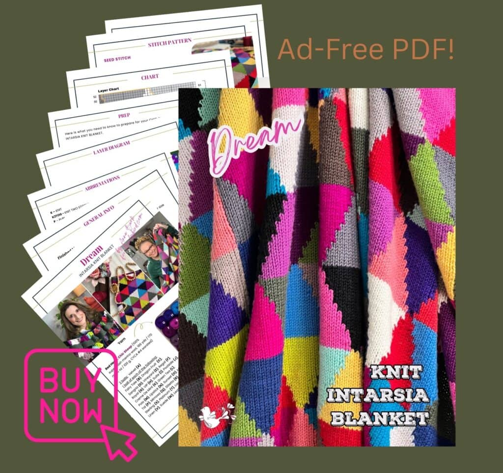 Image promoting an ad-free PDF knitting pattern for the Dream Intarsia Knit Blanket. A close-up of the colorful geometric blanket is shown, with preview pages and “BUY NOW” text highlighted by a pink arrow. -Marly Bird