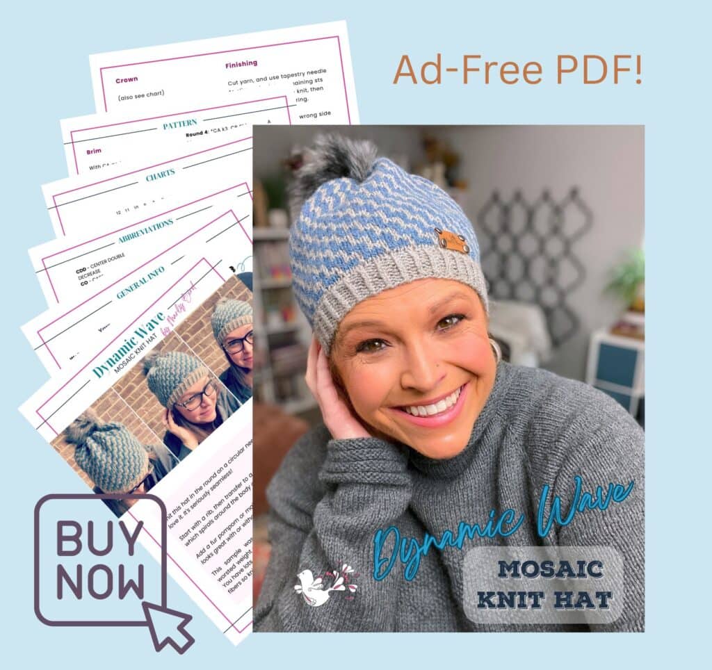 A smiling woman wearing a blue and white knit hat sits on a couch. Overlay text reads “Ad-Free PDF! Mosaic Knit Hat Pattern.” Behind her, sample pattern pages are fanned out. A “Buy Now” button appears at the bottom left. -Marly Bird