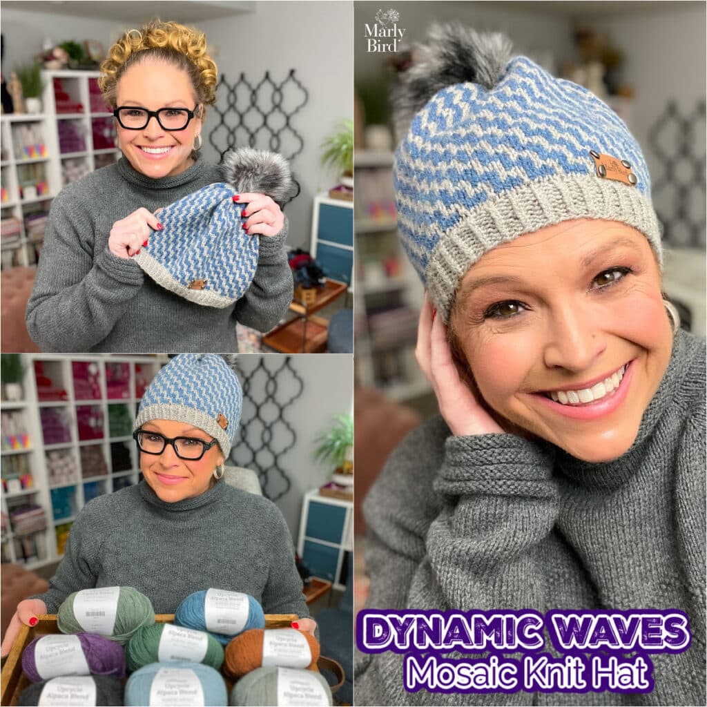 A woman wearing glasses and a blue-and-white knit hat with a gray pom-pom is shown smiling, holding the hat, and sitting with various yarn balls. Text reads: "DYNAMIC WAVES Mosaic Knit Hat Pattern. -Marly Bird