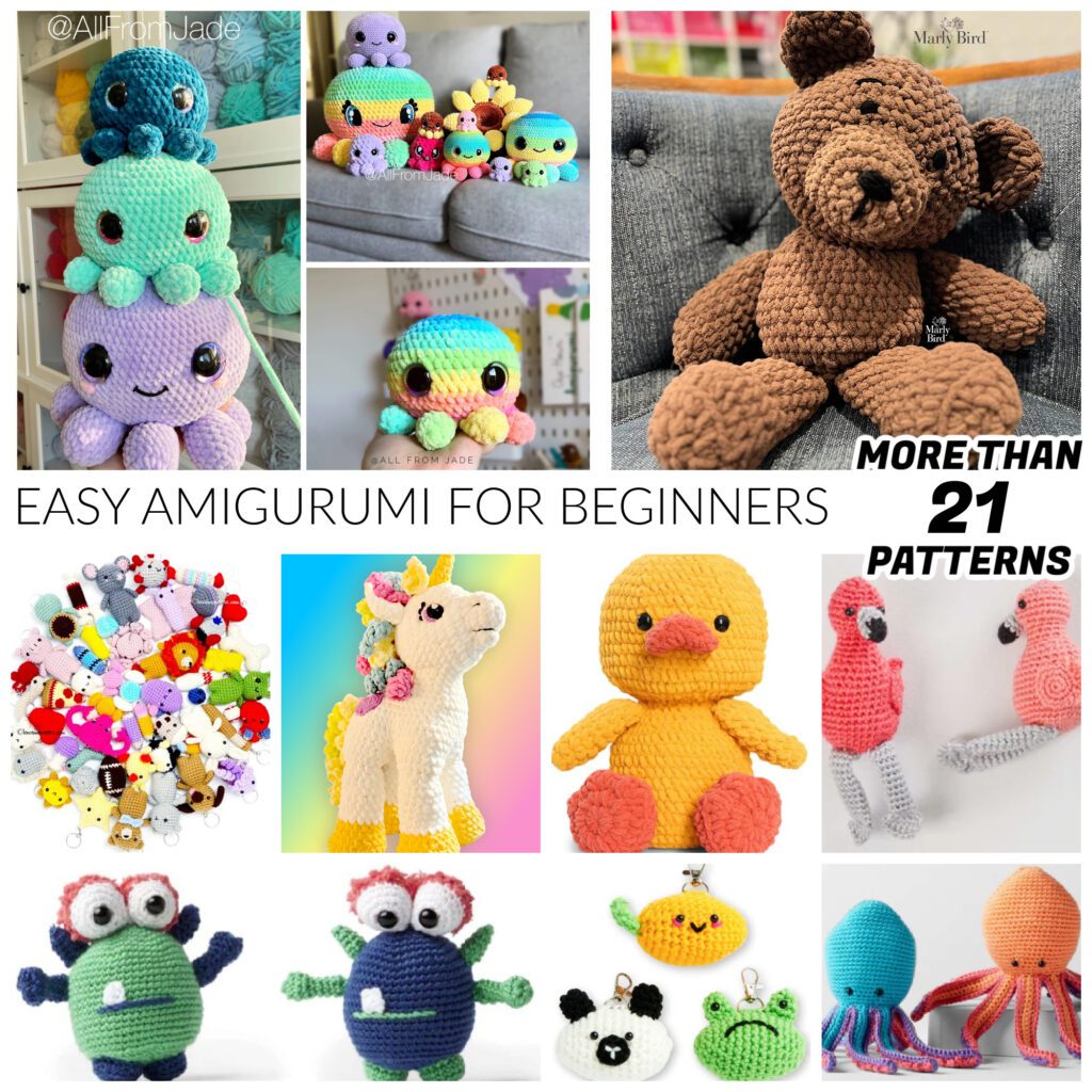 A collage features various crocheted amigurumi projects, including a teddy bear, octopus, unicorn, chick, and frog. A text overlay reads "Easy Amigurumi for Beginners" and "More Than 21 Patterns." Each project showcases vibrant yarn designs in playful shapes perfect for crafters of all levels. -Marly Bird