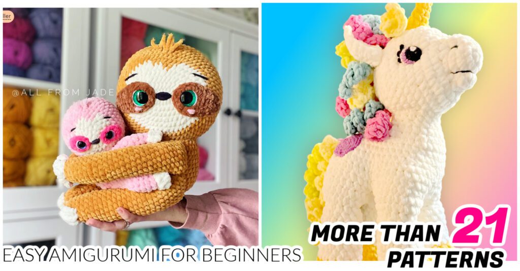 Two images side by side. Left: A person in a pink sweater holds a crocheted brown and white sloth hugging a smaller pink sloth. Right: A crocheted white unicorn with a rainbow mane and tail on a blue background. Text: "EASY AMIGURUMI FOR BEGINNERS" and "MORE THAN 21 PATTERNS". -Marly Bird