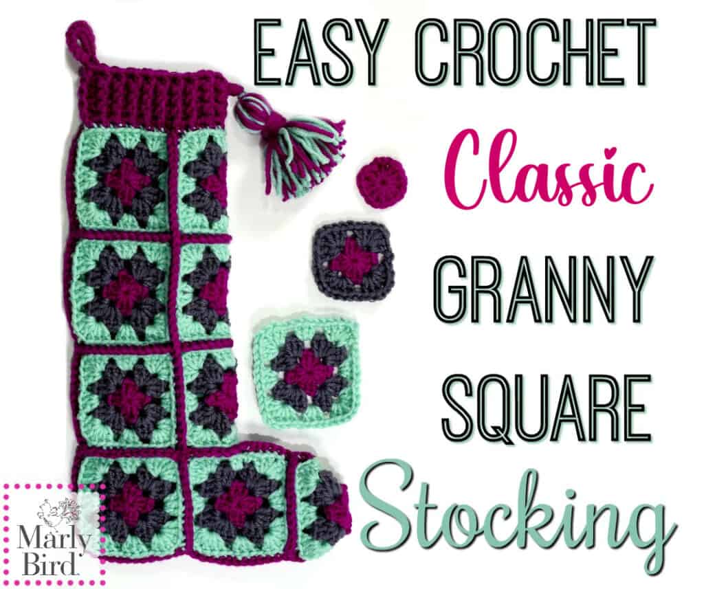 A classic crochet stocking crafted from colorful granny squares in teal, pink, purple, and gray is displayed with a matching tassel and individual squares. The words "Easy Crochet Granny Square Stocking" elegantly grace the image. -Marly Bird