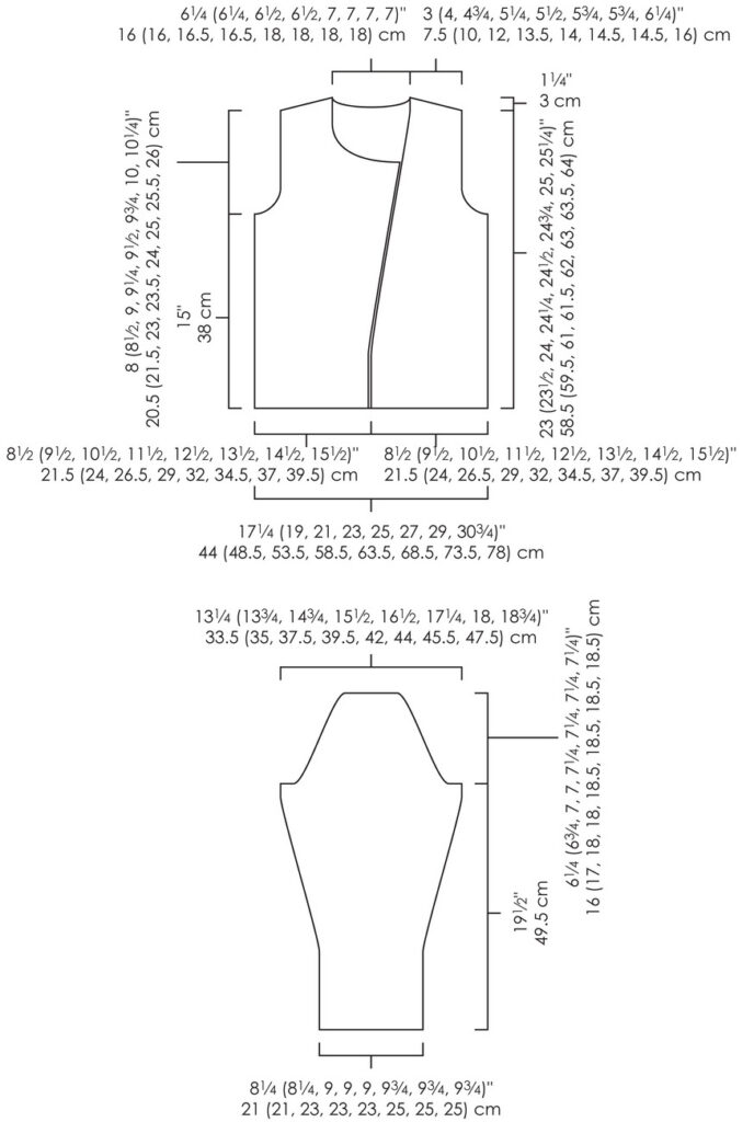 Vest and sleeve sewing pattern with size markings, illustrated front opening, and measurements in inches and centimeters.