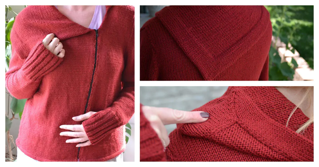 Red knitted sweater shown from front, back, and close-up of the ribbed textured collar; highlights stitch and fit details. Close-up of oversized knit collar detail