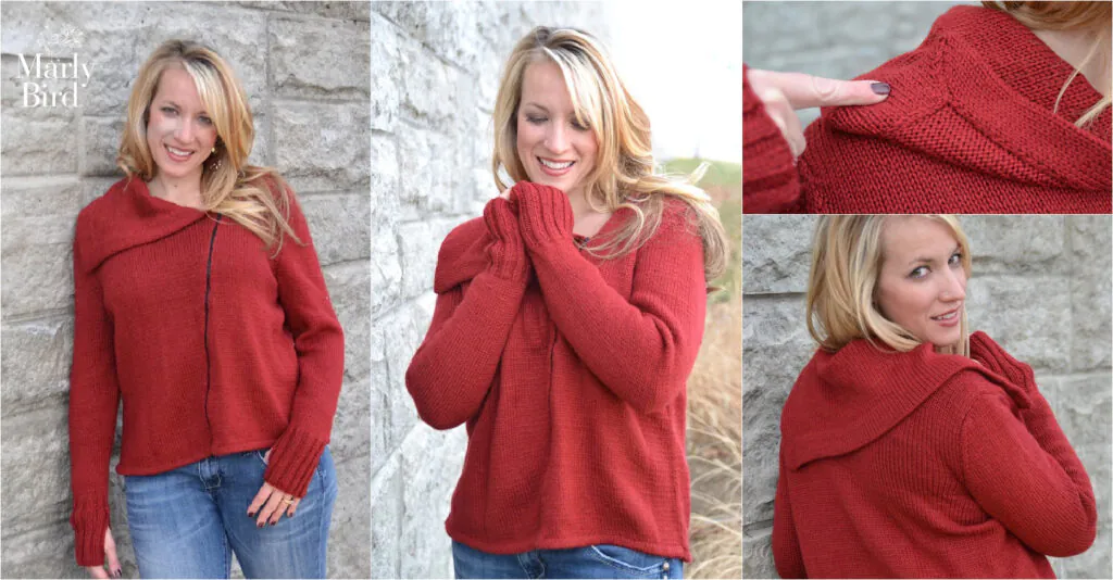 A red knit jacket with cowl neck is modeled front and back, showing stitch texture and asymmetrical construction. Asymmetrical zip-front knit jacket with oversized collar