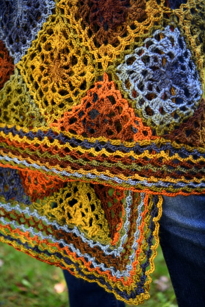 Enchanted Crochet Motif Shawl Pattern - Marly Bird - Red Heart Unforgettable Yarn in Woodland colorway - Free Crochet Rectangular Shawl Pattern