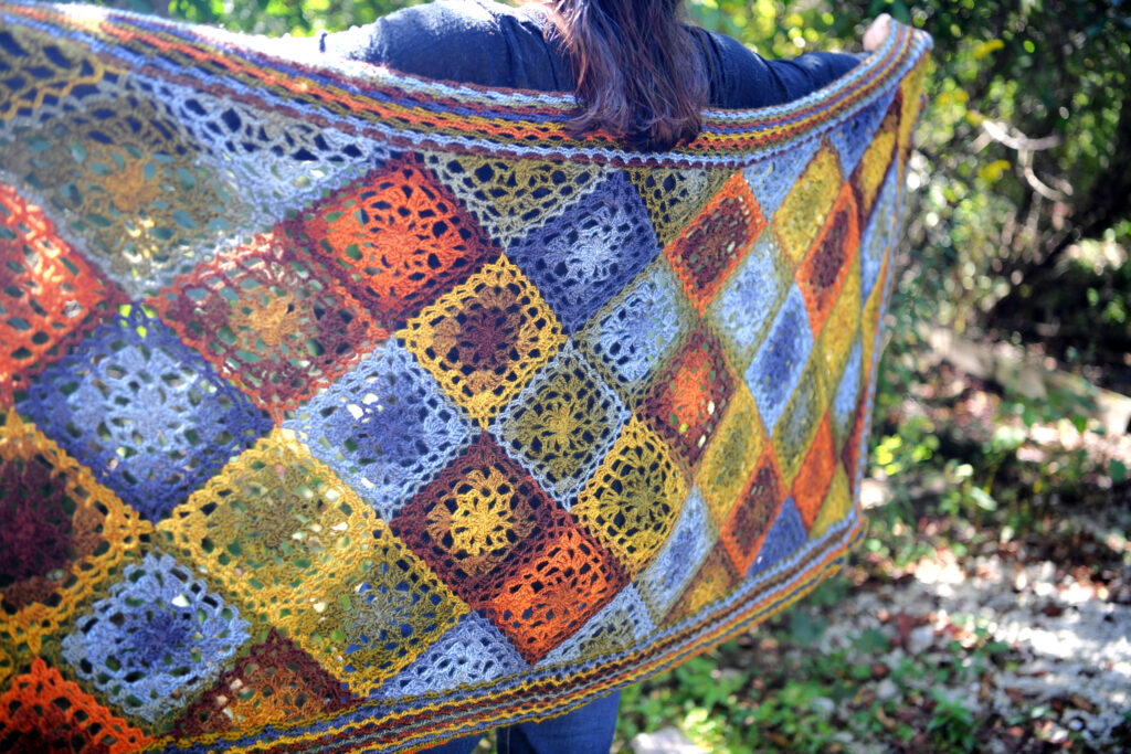 Enchanted Crochet Motif Shawl Free Rectangle Crochet Shawl Pattern-Yarn is Red Heart Unforgettable in Woodland colorway - Marly Bird