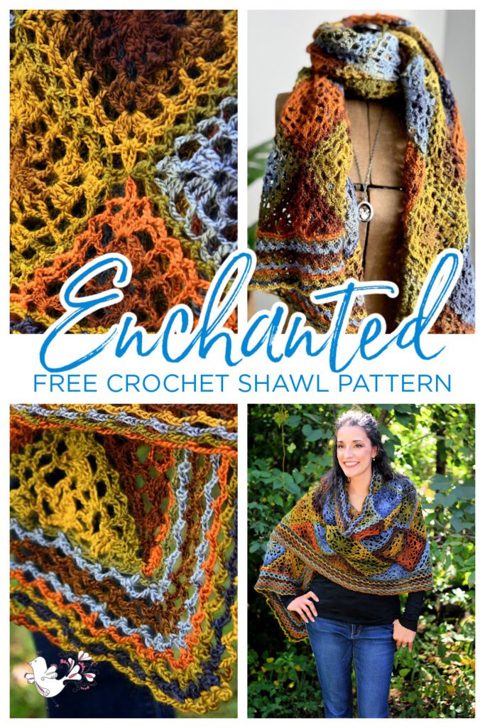 Free easy rectangular crochet shawl - Enchanted. 4 image collage. 2 close-ups of shawl stitching, one shawl on model, the other - shawl on mannequin.