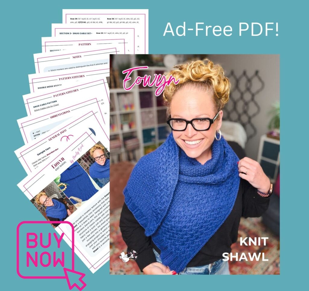 Eowyn cable knit shawl ad-free PDF mockup showing the printed pattern pages alongside the finished textured navy shawl.