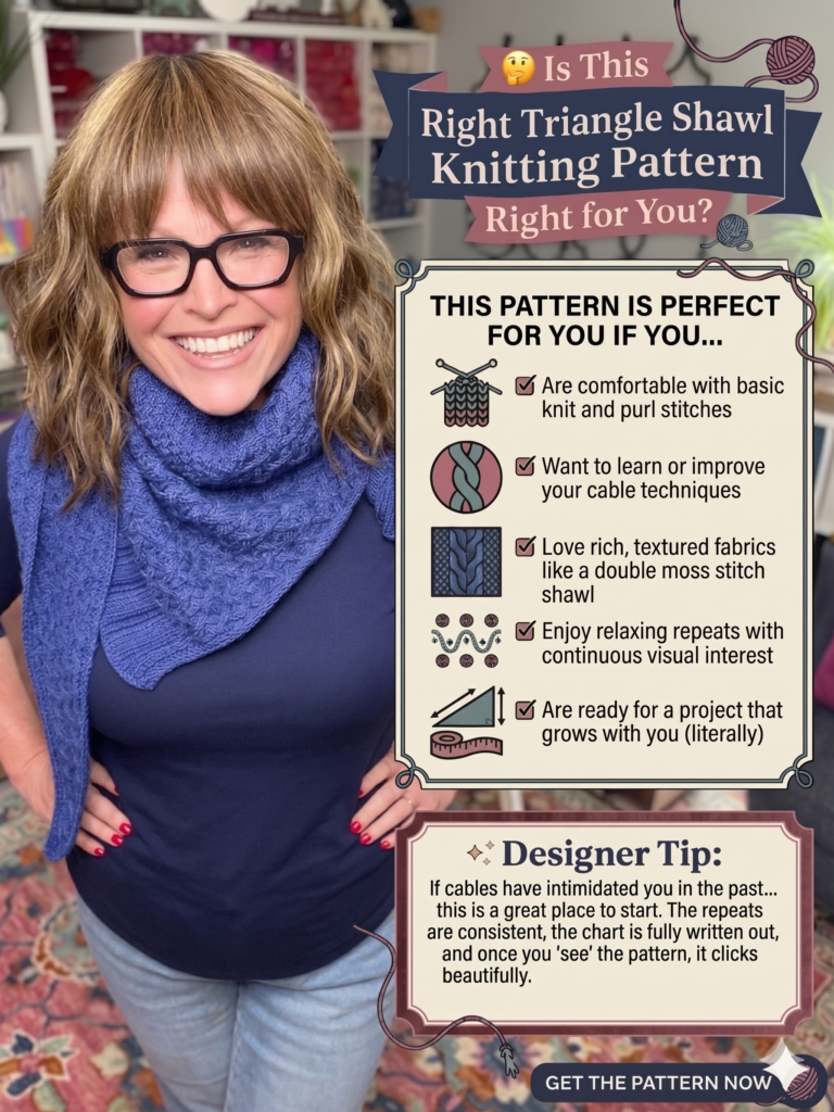 Woman modeling a textured blue cable knit triangle shawl, showing detailed stitching and cozy drape.