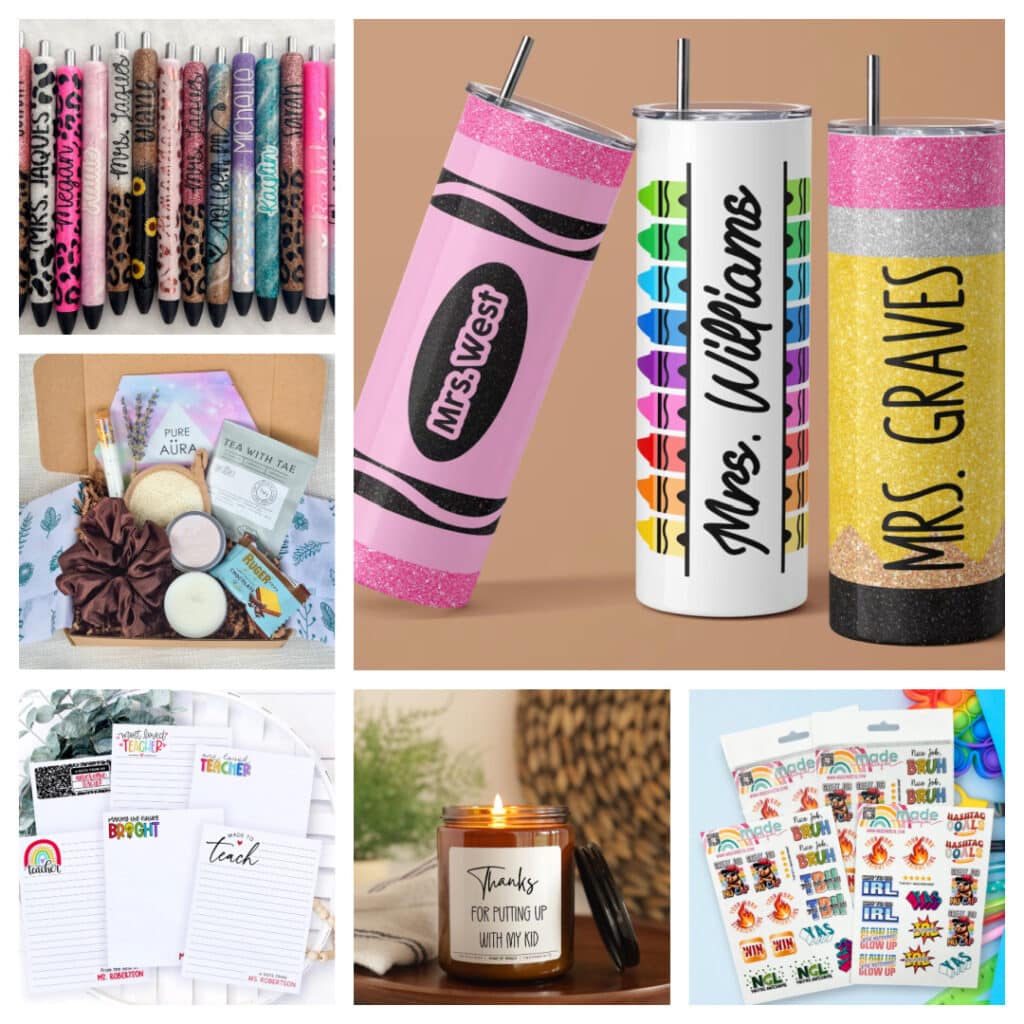 A collage featuring custom teacher tumblers, a self-care gift box, personalized notepads, colorful teacher-themed stickers, and a candle reading "Thanks for putting up with my kid," plus fun Crochet Pencil Patterns for crafty educators. -Marly Bird