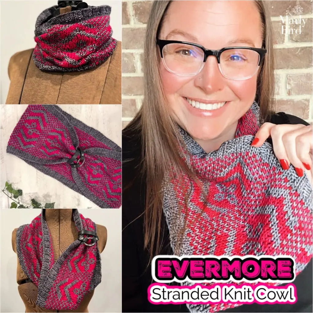 Woman models a pink and gray stranded knit cowl; close-ups show detailed stitchwork. Text reads "Evermore Stranded Knit Cowl.