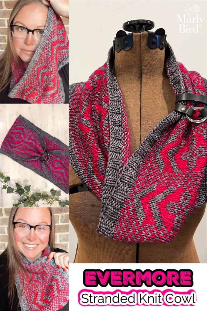 Pink and gray knit cowl with zigzag pattern shown worn, on a mannequin, and laid flat; features clear stranded stitch detail.