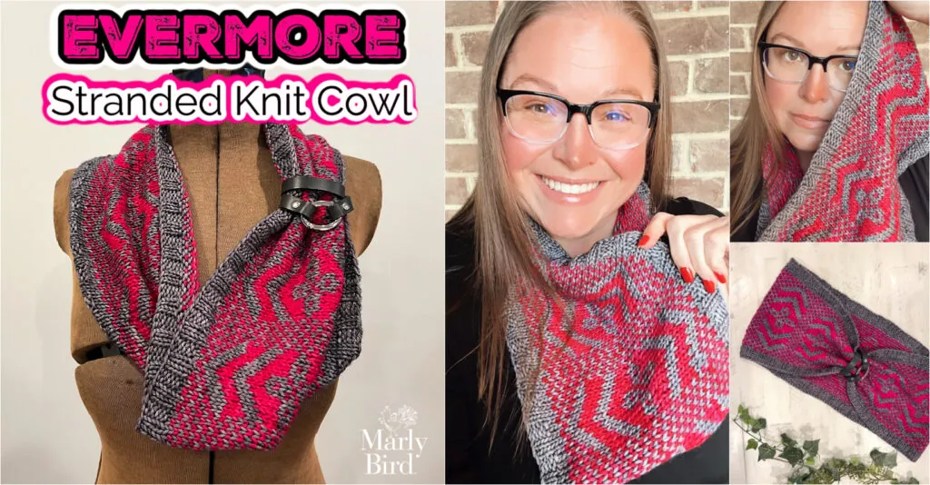 Collage shows a grey and pink knit cowl with zigzag pattern, close-ups of stitch detail, and worn by a smiling woman.