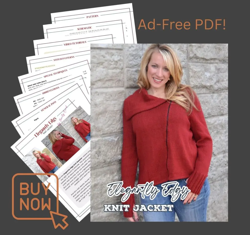 Woman models a red knit cardigan jacket with textured stitches, standing before layered knitting pattern pages.