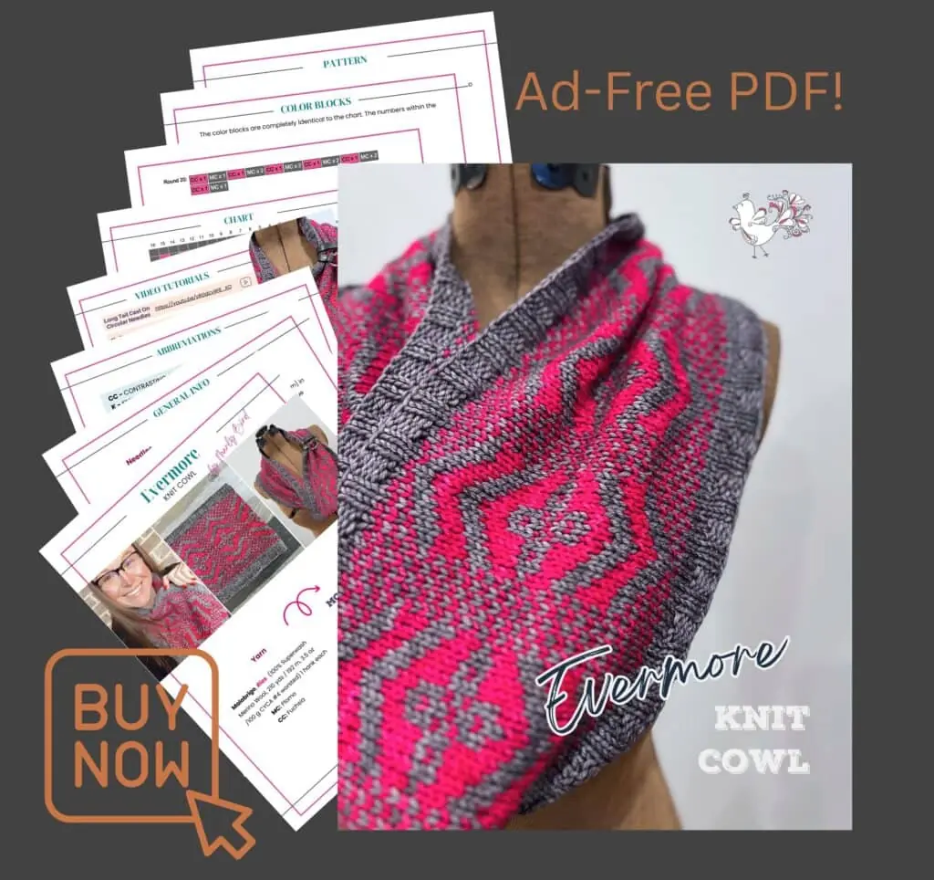 Pink and gray knit cowl displayed on a mannequin, with close-ups of PDF pattern pages and a prominent "BUY NOW" button.