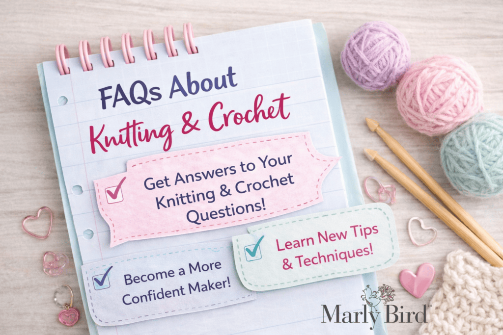 A notebook page titled "FAQs About Knitting & Crochet" with colorful text and checklists. Yarn balls, knitting needles, a crochet hook, heart-shaped buttons, and the Marly Bird logo hint at knit baby blanket gift ideas on a wooden surface. -Marly Bird