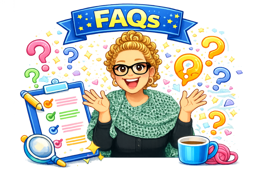 Woman reviews Free Shawl Pattern for a Boomerang Knit Shawl at her desk; FAQs banner and colorful question marks in background.