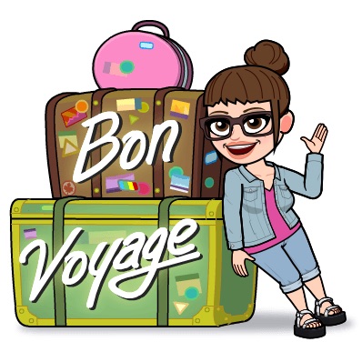 Flat Marly 2023 - Bitmoji of Marly Bird wearing pink top and jean jacket, leaning against a stack of 3 suitcases.