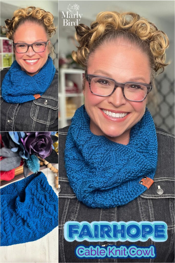 Woman models a blue cable knit cowl, showing close-up details of stitches and textured knitting pattern.