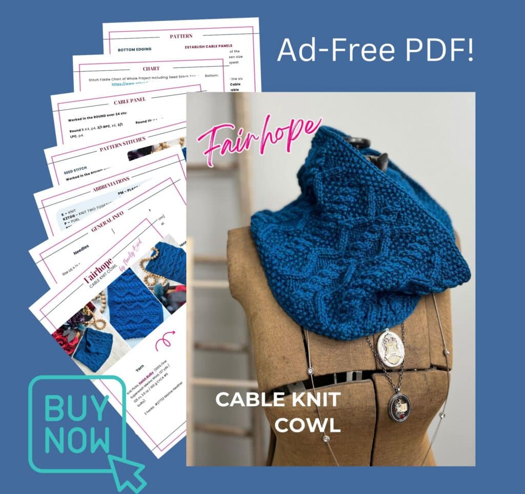 Blue cable knit cowl with textured cables displayed on dress form, pattern preview pages and "BUY NOW" button on blue background.