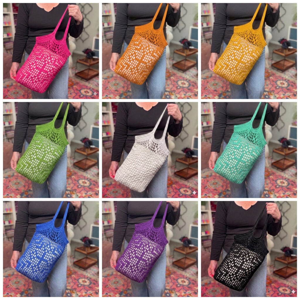 Free Farmer's Market Filet Crochet Bag pattern shown in nine yarn color options - customize this filet crochet tote.