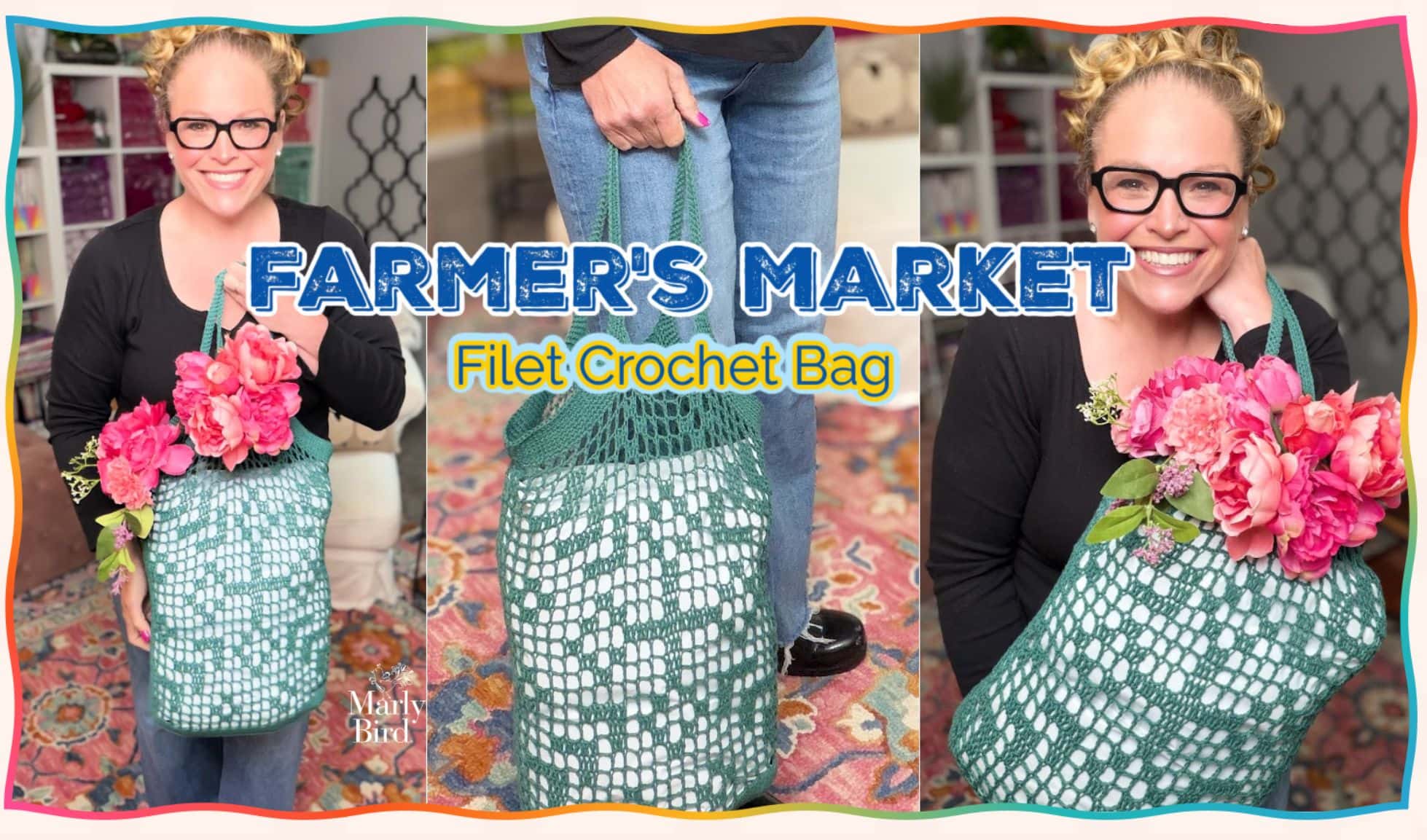 A person holds a green and white filet crochet bag filled with pink flowers. The bag has openwork stitches and sturdy handles.