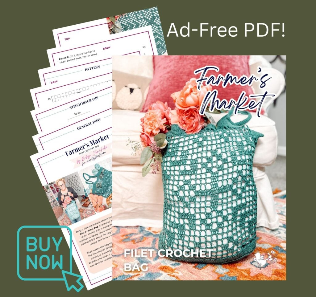 Ad-free PDF mockup of the Farmer's Market Filet Crochet Bag pattern in turquoise - free crochet pattern by Robyn Chachula.