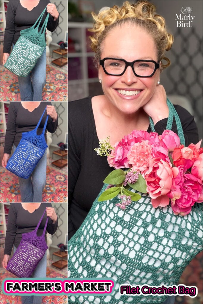 Free filet crochet market bag pattern by Robyn Chachula for Marly Bird, shown in teal, blue, and purple color options.