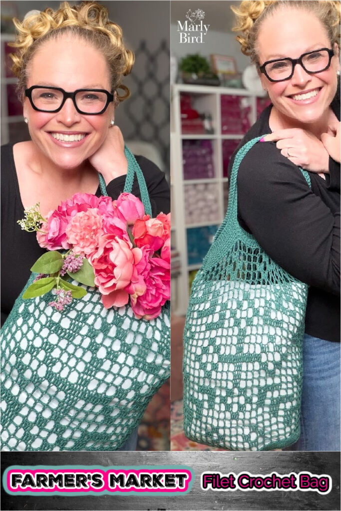 Free Farmer's Market Filet Crochet Bag pattern by Robyn Chachula for Marly Bird in green Hempathy DK cotton hemp blend.