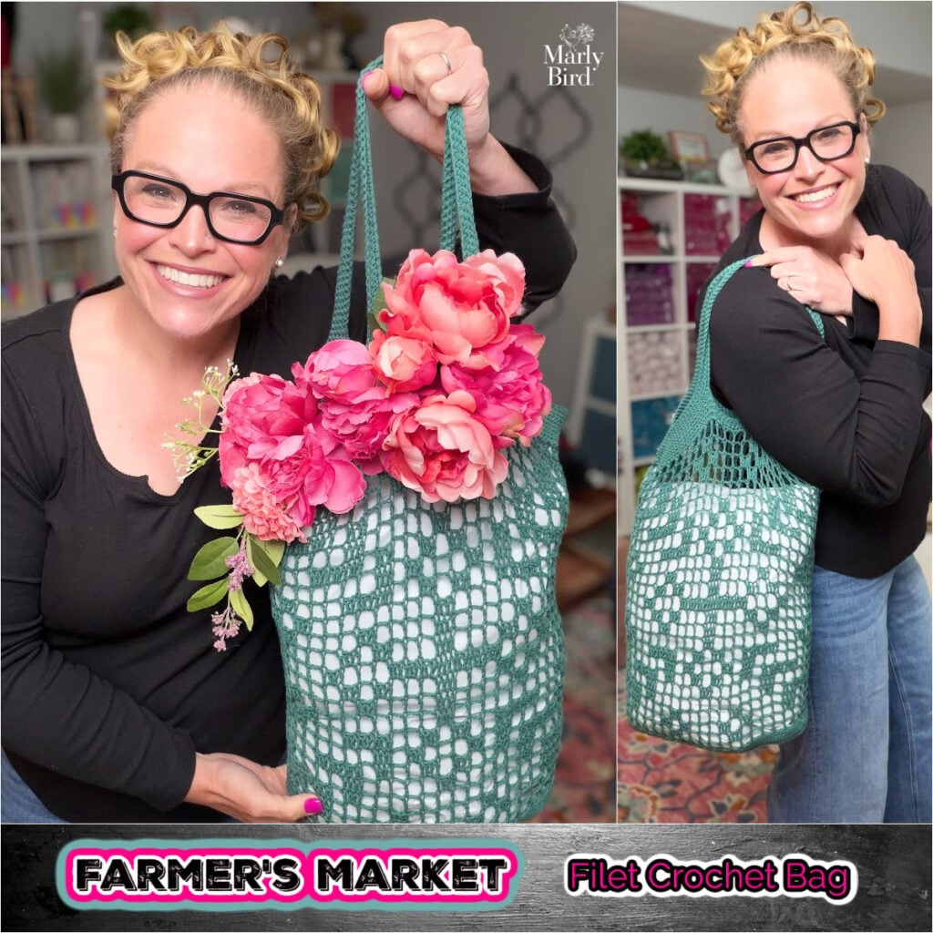 Marly Bird with the Farmer's Market Filet Crochet Bag in green Hempathy, showing the modern filet crochet stitch pattern.