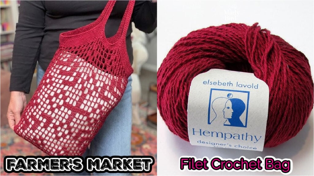 Farmer's Market Filet Crochet Bag in red Elsebeth Lavold Hempathy DK weight cotton hemp yarn - free crochet pattern.