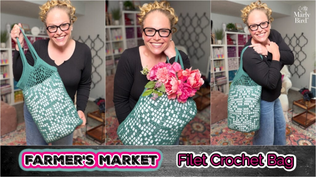 Marly Bird holding the Farmer's Market Filet Crochet Bag, a free crochet pattern by Robyn Chachula in green Hempathy yarn.