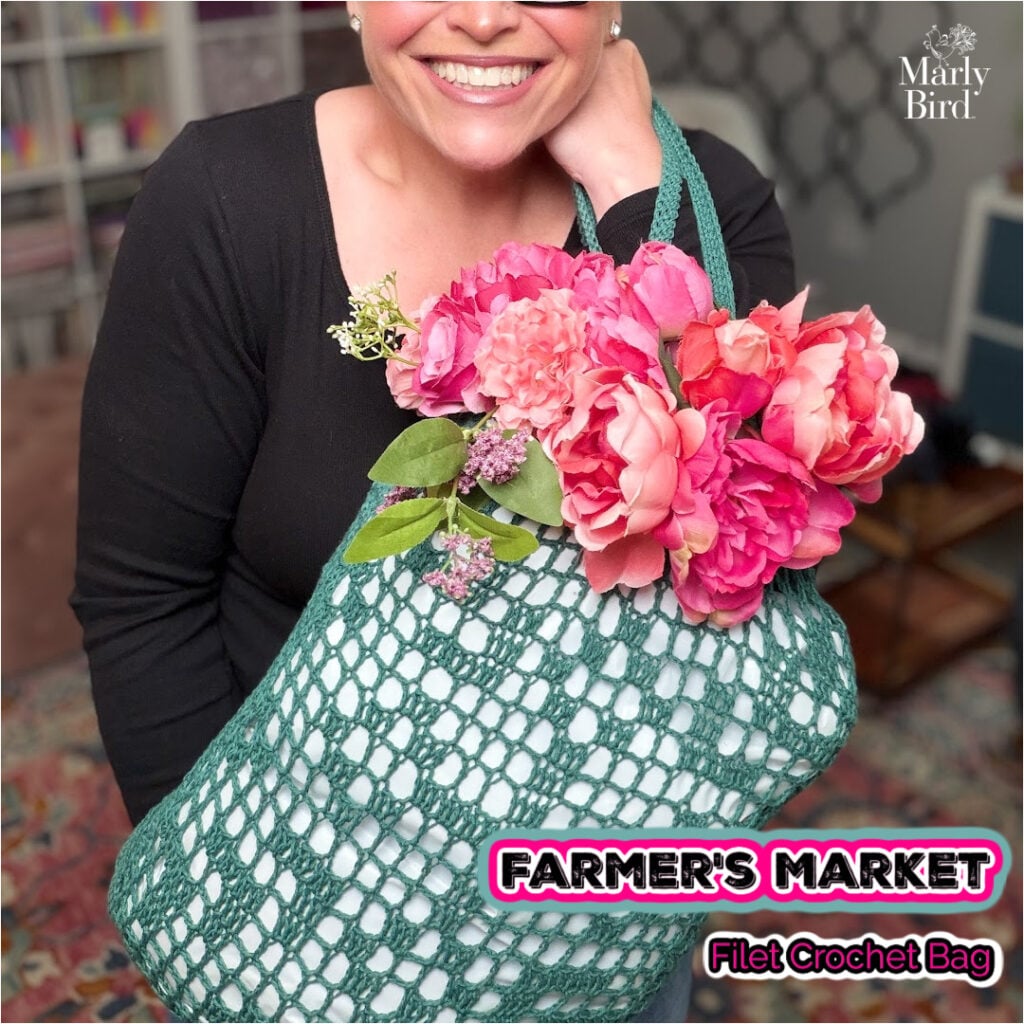 Marly Bird with the green Farmer's Market Filet Crochet Bag - free crochet bag pattern with sturdy integrated handles.